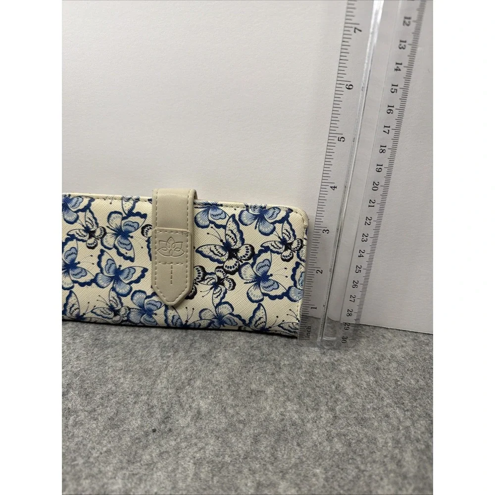 Women's Blue/White Butterfly Print Folding Wallet Wrist Strap Snap Zip Pocket